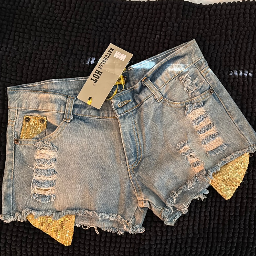 Stylish Blue Jean Shorts with Gold Accents
